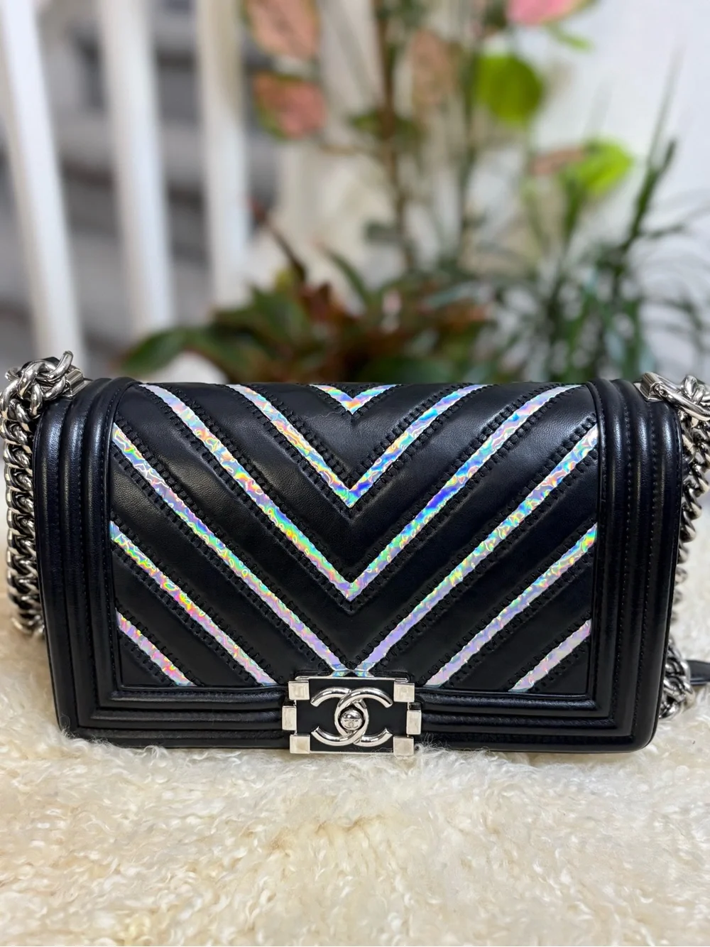 CHANEL Lambskin Iridescent PVC Chevron Quilted Medium Boy Flap Black Silver